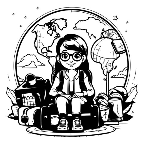 Black and White Cartoon Illustration of Kid Studying Around the