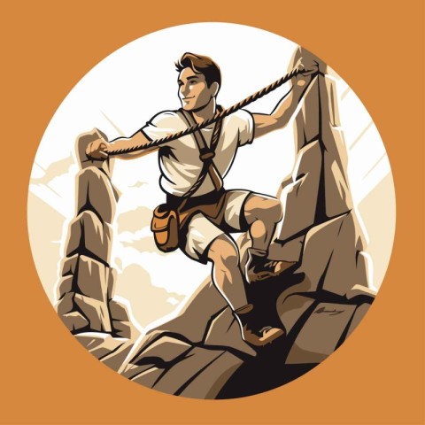 Vector illustration of a young man climbing up the mountain on a