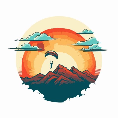 Mountains and paraglider. Vector illustration in retro style