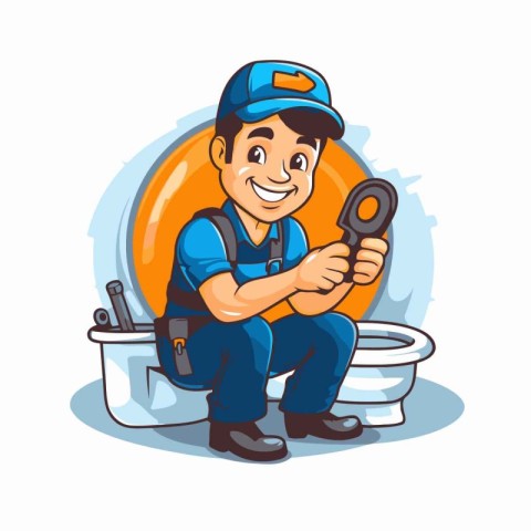 Plumber cartoon character. Vector illustration of a plumber hold