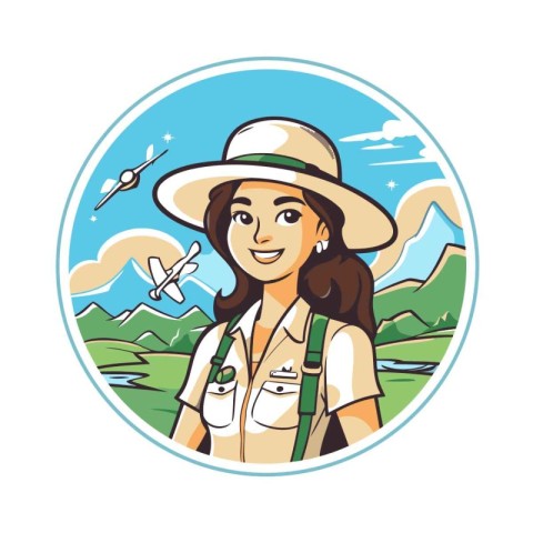 Young woman tourist in hat with binoculars. Vector illustration.