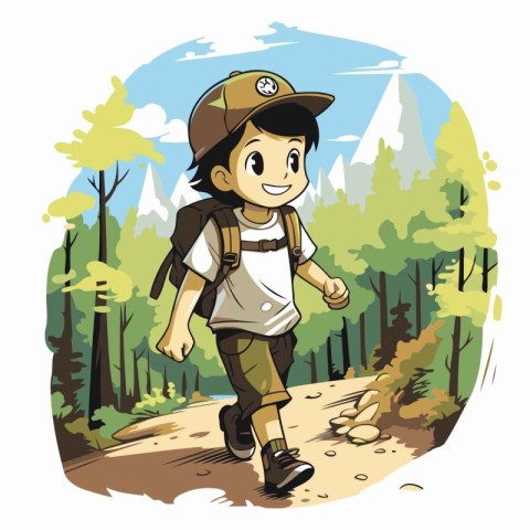 Cute boy hiking in the forest. Vector illustration of a boy hiki