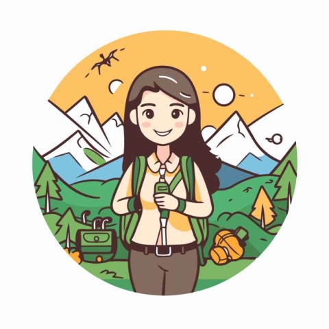 Young woman hiking in the mountains. Vector illustration in a fl