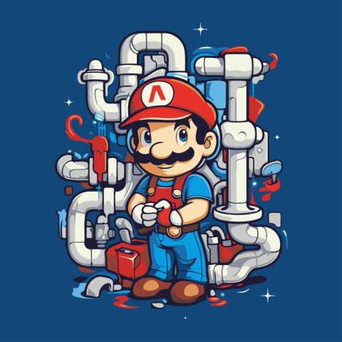 Plumber with a tool in his hand. Vector cartoon illustration.