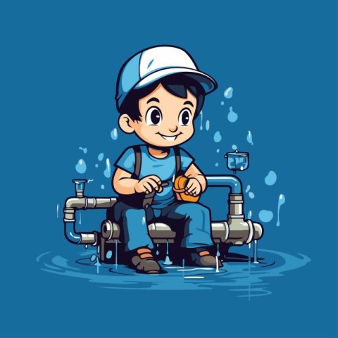 Illustration of a Little Boy Plumber Repairing a Water Pipe