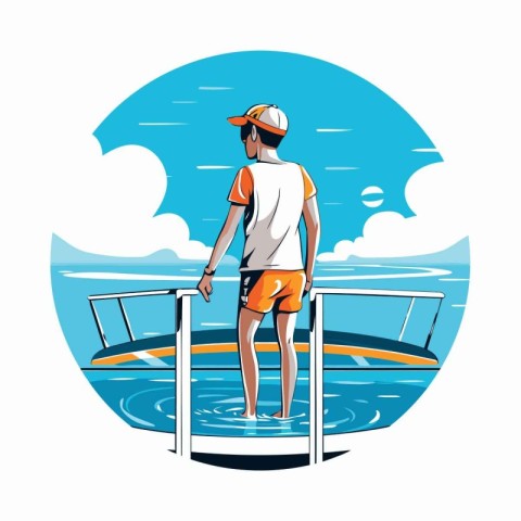 Man standing on the deck of a yacht. Vector illustration in cart