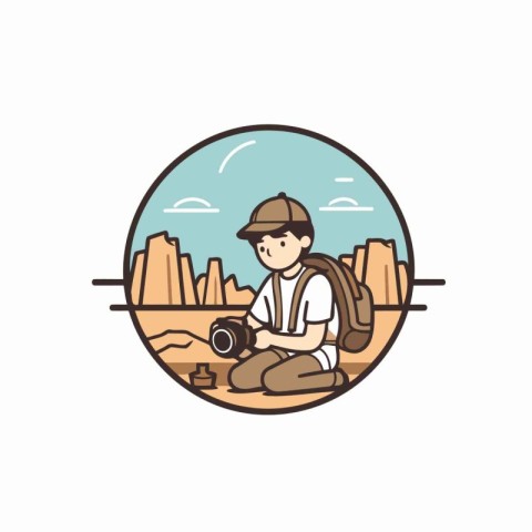 Man sitting in the desert with binoculars. Vector illustration.