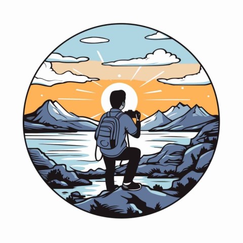 Illustration of a hiker with a backpack standing on a rock looki