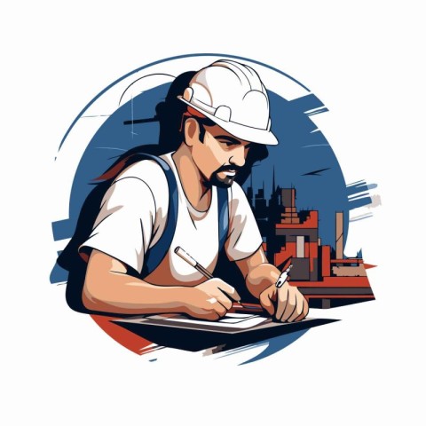 Engineer on the construction site. Vector illustration in retro