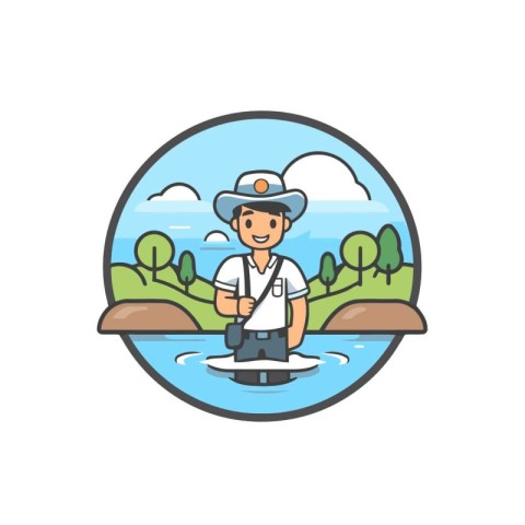 Fisherman with rod in the river. Vector illustration in flat sty