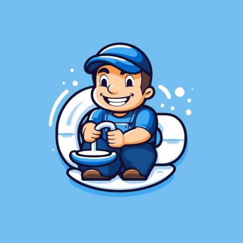 Plumber with water tap mascot logo design. Cleaning service vect