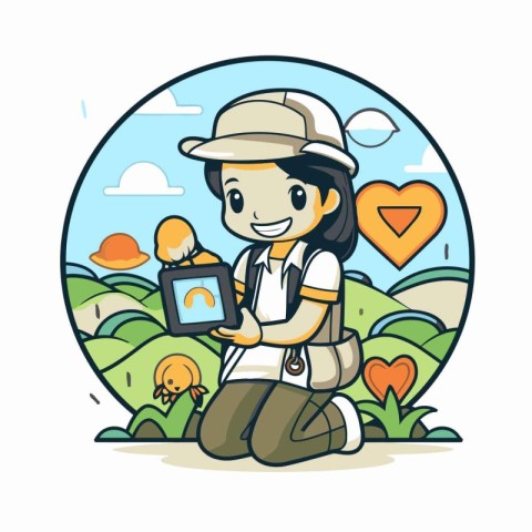 Female hiker with a map in her hand. Vector illustration.