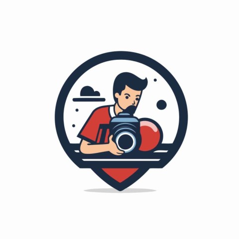 Photographer with camera on map pointer. Flat design vector illu