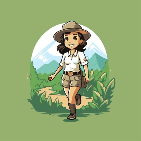 Illustration of a female hiker walking in the woods with a hat