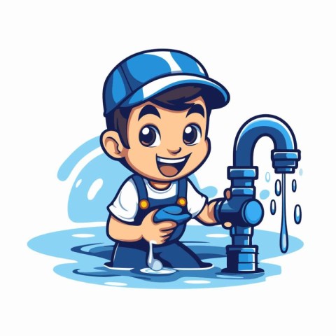 Plumber with water tap. Vector illustration of a cartoon charact