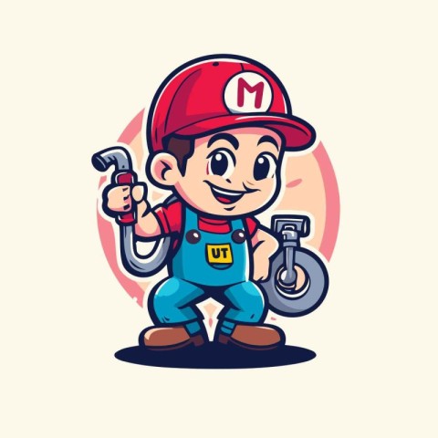 Cartoon plumber worker with spanner and wrench. Vector illustrat