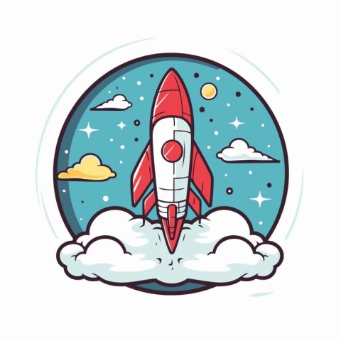 Vector illustration of cartoon rocket in the sky. Start up conce