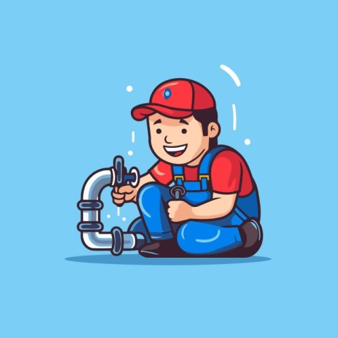 Plumber with wrench. Vector illustration in cartoon style on blu