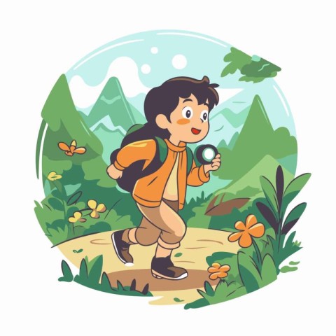 Hiking boy with backpack and camera. Vector illustration in cart