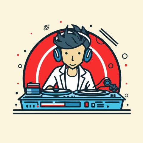 Vector illustration of DJ playing music on turntable. Line art d