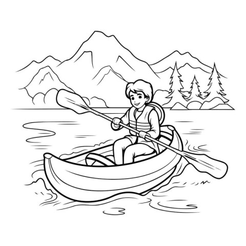 Man rowing in a canoe. Vector illustration of a man in a canoe.