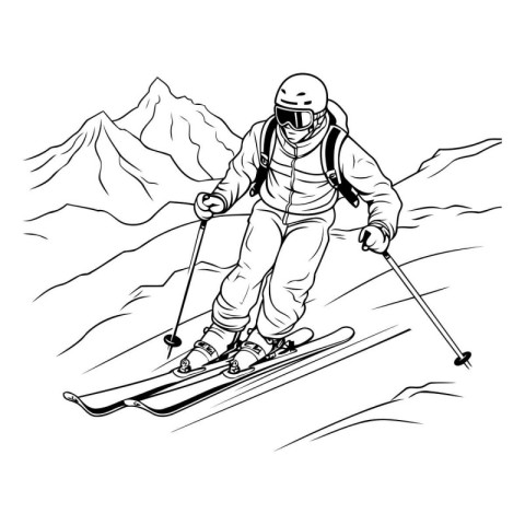 Skiing in the mountains. Monochrome vector illustration.