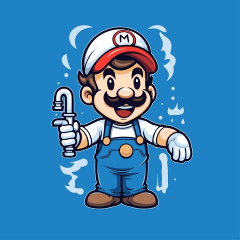 Plumber with wrench cartoon mascot isolated on blue background.