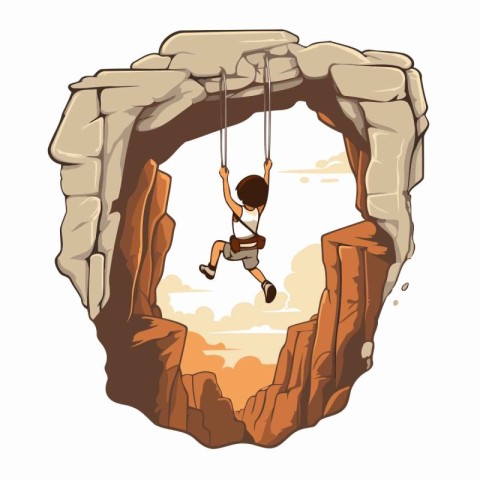 Little boy climbing on a rope in the cave. Vector illustration.