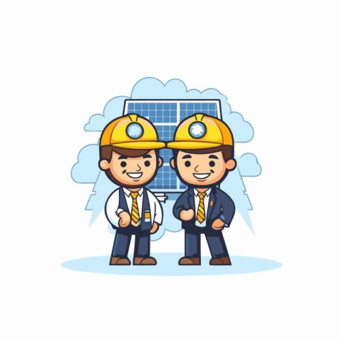 engineer and worker with solar panel icon over white background.