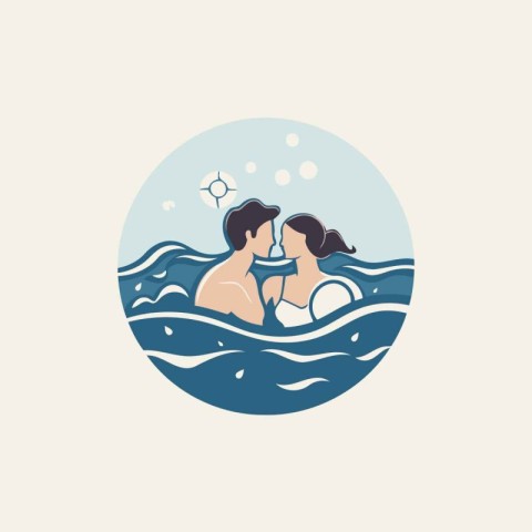 Romantic couple kissing in the sea. Vector illustration in flat