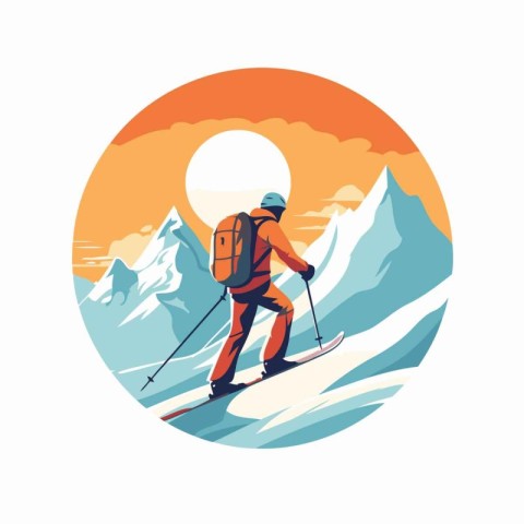 Vector illustration of a man skiing in the mountains on a sunny