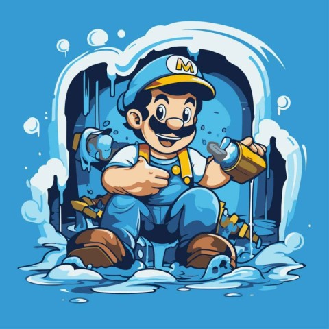 Cartoon illustration of a plumber working in a sewerage.