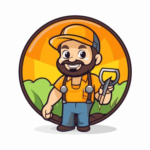 Plumber holding a spanner in the garden. Vector illustration.