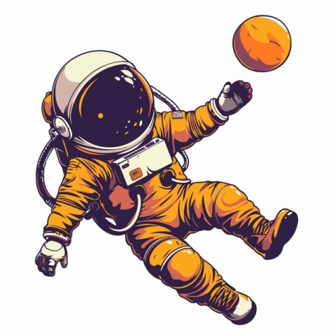 Astronaut flying with a ball in his hands. Vector illustration.