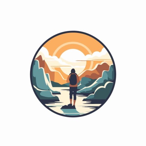 Hike in the mountains. Vector illustration of a man with a backp