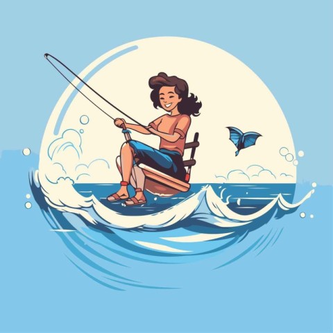 Girl on a boat with a fishing rod in the sea. Vector illustratio