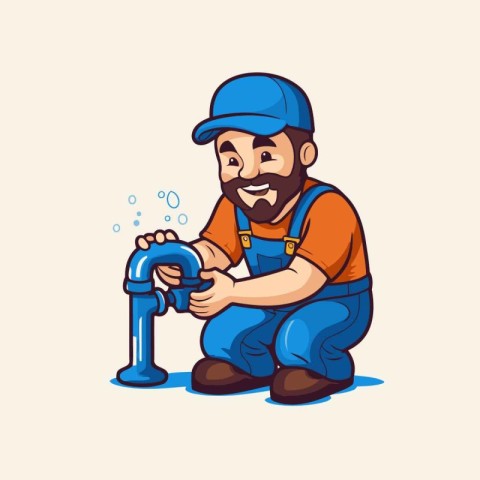 Plumber with a water tap. Vector illustration in cartoon style.