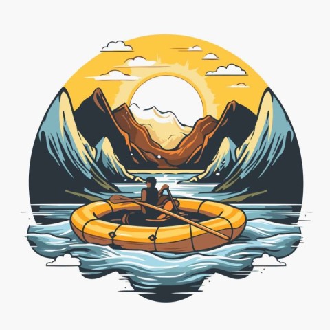 Kayaking in the mountains. Vector illustration of a man in a boa