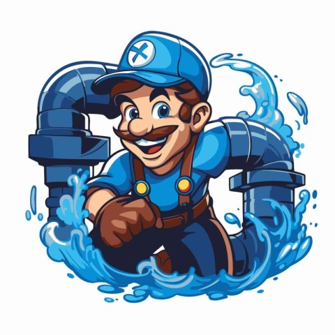 Plumber in blue uniform with a pipe. Vector cartoon illustration