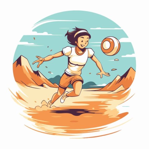 Young woman playing beach volleyball. Vector illustration in ret