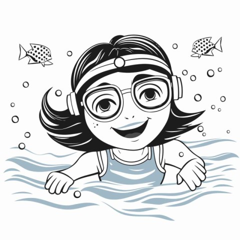 Cute cartoon girl swimming in the sea. Black and white vector il