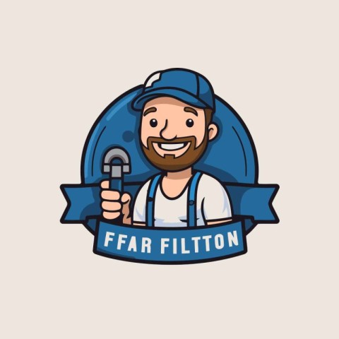 Funny plumber with wrench logo design. Vector illustration in ca