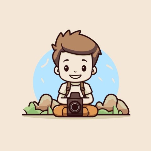 Cute boy sitting on the ground and holding camera cartoon illust