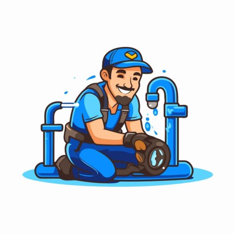 Plumber with wrench. Vector illustration of a plumber in uniform