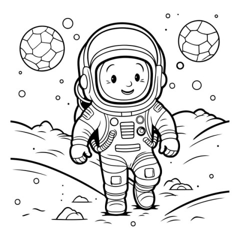 Coloring book for children: astronaut in space suit with a ball