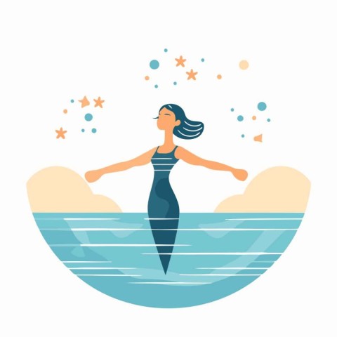 Woman in a swimsuit in the sea. Vector illustration in flat styl