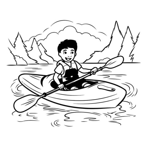 Man rowing in a kayak. Black and white illustration.