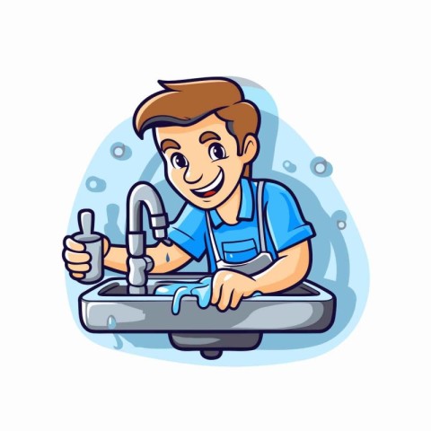 Plumber repairing sink. Vector illustration in cartoon style on