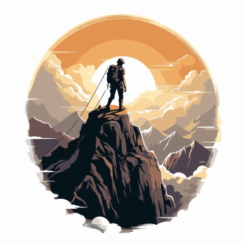 Silhouette of a man on top of a mountain. Vector illustration