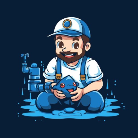 Plumber with a gamepad in his hands. Vector illustration.